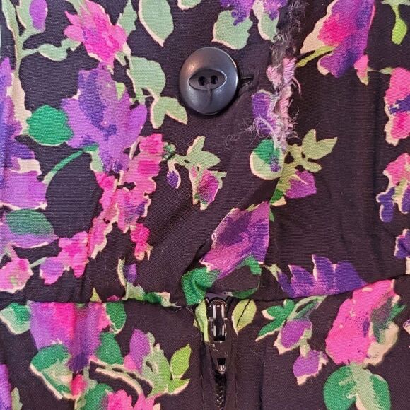 Vintage 80s Floral Maxi Dress 11 12 Puff Sleeves Pleated Yoke Black Purple - Picture 4 of 7